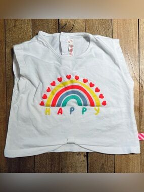 BILLIEBLUSH White Sleevless Crop Tee with Rainbow Happy Logo